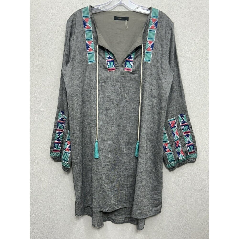 THML Dress large Grey Embroidered Aztec Boho Long Sleeve Tribal Western - Picture 3 of 7